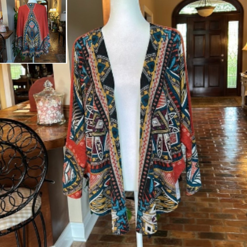 Tyche Aztec Open-Front Shrug in Teal, Rust, Yellow, Black